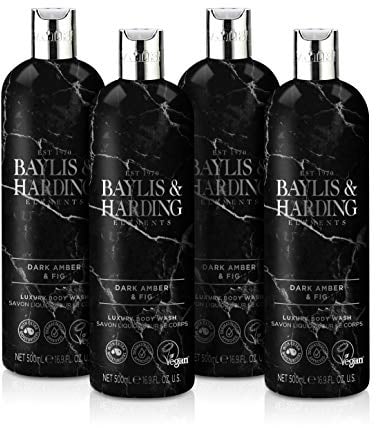 Baylis & Harding Elements Dark Amber & Fig Luxury Body Wash, 500 ml (Pack of 4) - Vegan Friendly