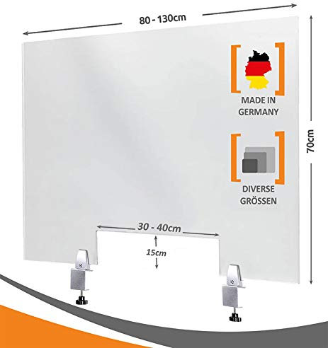 MyMaxxi | Spuckschutz Trennwand Acrylglas 5mm glasklar Schreibtisch mit Klemmhalter 90x70 cm mit Durchreiche | transparenter Tisch Aufsteller | 5mm dick | Selbststehend | Hygieneschutzwand