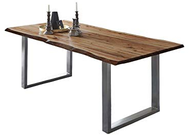 SAM Esszimmertisch 180x90 cm ULM, Baumkantentisch nussbaumfarben, Akazienholz massiv, U-Gestell aus Metall Silber