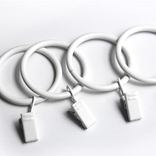 KAIY Lot de 14 anneaux de rideaux en fer blanc avec clips, crochets de fixation pour tringle à rideaux, diamètre intérieur de 3,2 cm (blanc)