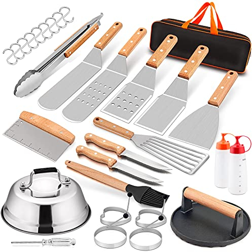 HaSteeL - Set di 20 accessori per piastra, in acciaio inox, con cupola di fusione da 22,9 cm, spatole in metallo resistente, tritatutto, pressa per grill in ghisa per barbecue Teppanyaki