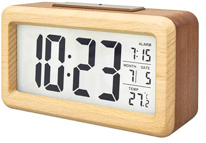 Digital Alarm Clock Battery Operated, Wooden LCD Digital Clock with Smart Sensor Night Light, Temperature Detect, Snooze Function for Bedroom, Bedside, Desk