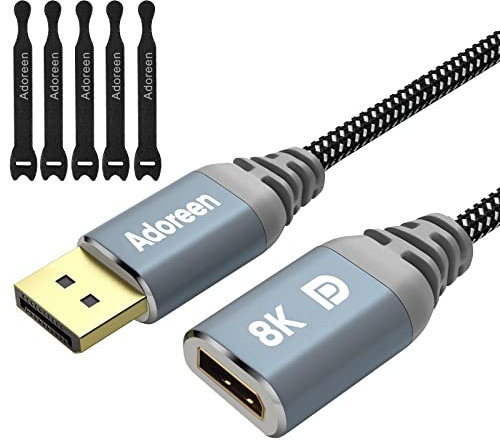 Adoreen Cavo prolunga DisplayPort 8K da 6,1 m, intrecciato DP a DP esteso da 1,4 m (da 0,2 a 7,6 m), da maschio a femmina (8K a 60 Hz, 4 K a 120 Hz, 2 K a 165 Hz), con 5 fascette