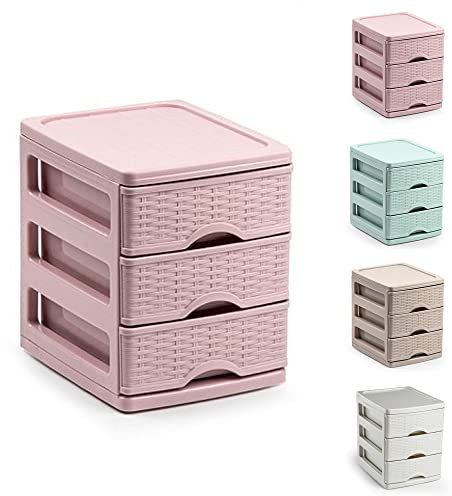Plastic Desktop Storage Unit with Drawers, Stationary Arts Drawer Desktop Tabletop Organiser Storage Tower Unit for Office Bedroom Garage ((17 x 13.5 x 17cm 3 Drawers Rattan Pink))