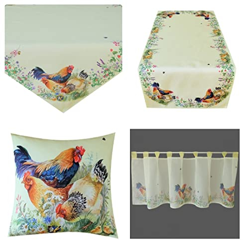 Tischdecke Tischläufer Mitteldecke Kissenbezüge Bistrogardine Ostern Küchenserie Hahn, Henne & Küken Landhausstil (Gardine 45 x 120 cm)