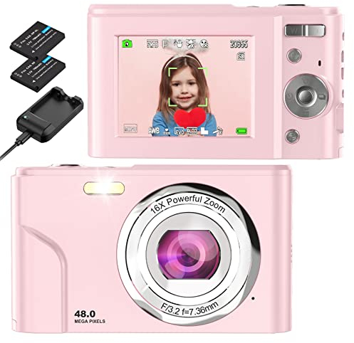 Fotocamere Digitali Compatte, Bofypoo Messa a fuoco automatica Fotocamera Digitale FHD 1080P 48MP con zoom digitale 16X, fotocamera compatta Mini fotocamera, bambini, adulti, principianti (Rosa)