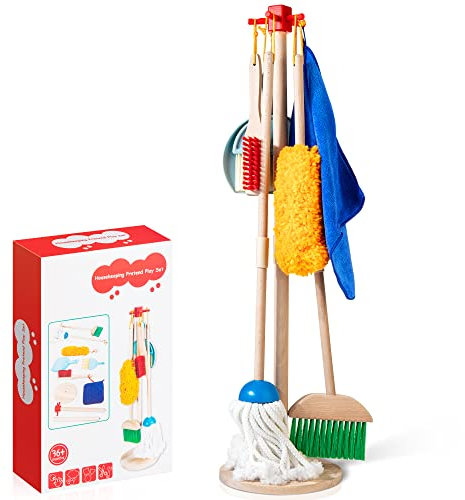 WOODMAM Wooden Housekeeping Pretend Play Set for Kids, 8 Pieces Kids Cleaning Set Children Home Cleaning Toys, Housework Cleaner Playset Gift for Boys Girls Age 3+
