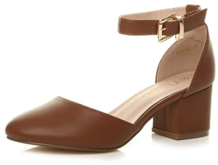 AJVANI Womens Ladies Low mid Block Heel Ankle Strap Mary Jane Court Shoes Sandals Size