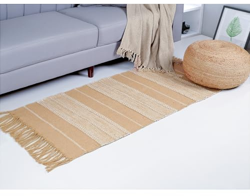 ETHNICITI Cotton Jute Slub Weave Shoddy Braided Beige Natural Eco-friendly Reversible Flat Kilim Dhurrie Area Rug Mat Hallway Bedroom Lounge Living Dining Utility Room Pet Yoga- 70 x 140cm (2'4x4'7)