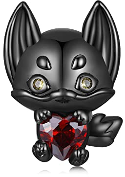 Schwarzer Fuchs Charms Anhänger für Pandora Armbänder, 925 Sterling Silber Herz Zirkon Perle Charm