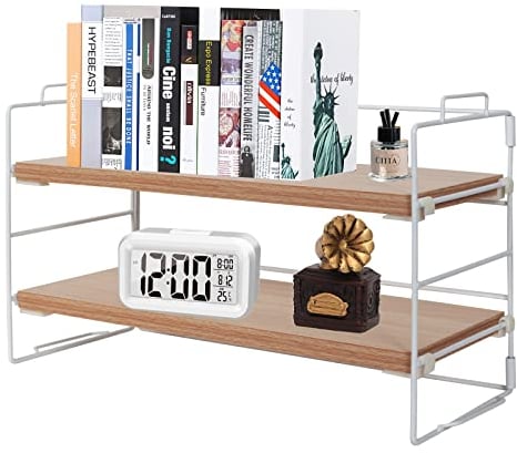 powerking Desk Shelf Organiser, 2 Tier White Painted Metal Frame and Original Teak Board Desktop Shelves, wooden Multipurpose Display Bookcase Storage Rack for Table, Office and Reading Room