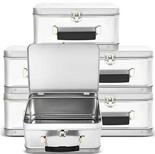 6 Pack DIY Lunch Box Tin Retro Set 8 x 6 x 4 inches with Hinged Lids DIY Large Fun Box for Storage Blank Design Vintage Metal Lunch Box for Kids Sandwich Containers (Silver)