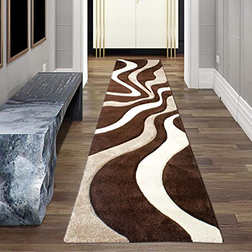 Teppich-Traum Wohnzimmer Teppich mit Wellen | strapazierfähig & pflegeleicht | in braun & weiß, 80 x 300 cm