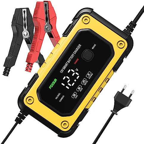 Chargeur de Batterie Intelligent 12V 6A, 3 Étapes de Chargeur Batterie Mainteneur et Automatique Réparation Fonction pour Voiture Moto Camion, AGM, Gel, Wet, SLA (Jaune)