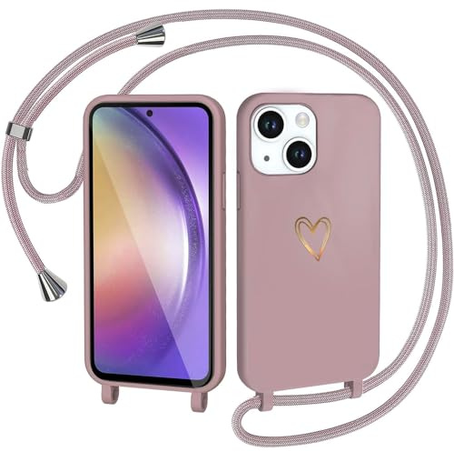 CaseLover Handyband kompatibel mit iPhone 13 Hülle mit Band, Pink | Herz Muster, Silikon Necklace Handyhülle mit Abnehmbar Kordel zum Umhängen, Stossfest Bumper Handy Schutzhülle Case 6.1