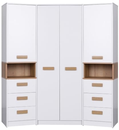 Design Möbel Eckkleiderschrank Set Gustavo - Eckschrank Mit 2 Regale Soft-Close - Holz Schrank Schlafzimmer Begehbarer Kleiderschrank Weiß Eiche Riviera 143x195x40cm