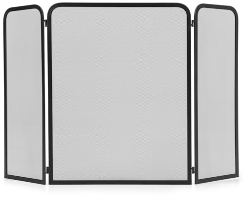 TANGZON 3 Panel Folding Fireplace Screen, 96cm x 61cm Wrought Iron Mesh Spark Flame Barrier Fire Guard, Indoor Outdoor Freestanding Fireplace Fence for Coal Firing Stoves Grills