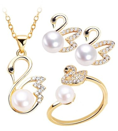 BKEPDY Schmuckset Damen Schwan Kette Armband Ring Halskette 3 Stück Imitationsperlen Zubehör für Freundin Mutter Tochter Geschenk