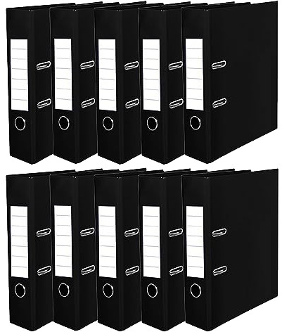 (Pack of 10) A4 Lever Arch File 75mm Metal Edge Finger Pull Metal Ring Folders Document Storage File Spine Binder Stationery Document Holder (Black, Lever Arch File)