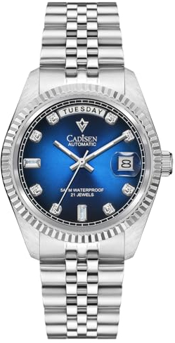 CADISEN Automatik Uhr Herren Mit Gangreserve Automatik Saphirglas Wasserdicht 38MM Kalender der Wochentage (8229 blau)