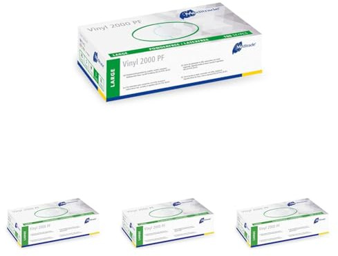 Meditrade Examination Gloves - Medium, Powderless, Hypoallergenic, Heavy Duty, Latex Free, Long Cuff, Ambidextrous, Disposable, for Any Sector, Bulk Buy (Clear) (Large) Vinyl 2000 PF (Pack of 4)