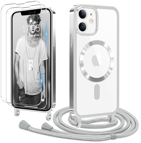 Ethanger Handyband für iPhone 12 iPhone 12 Pro Hülle mit Band + 2 Stück Glas Schutzfolie Transparent Silikon Handyhülle Magnetische Schutzhülle Case zum Umhängen für iPhone 12/12 Pro Silber