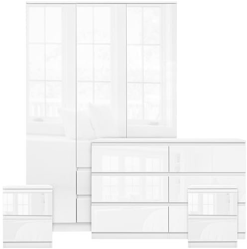 Bedroom Furniture Set with 3 Door Wardrobe & 6 Drawer Chest of Drawer + 2 Drawer 2 Bedside Table Cabinet Bedroom Set for 4 Piece Bedroom Storage furniture Set, White