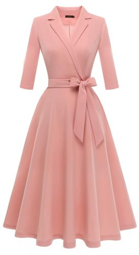 Meetjen Robes Portefeuille Midi Évasée Ligne A pour Invitée De Mariage Cocktail Thé Manches Trois Quarts Semi-Formale Pêche 2XL