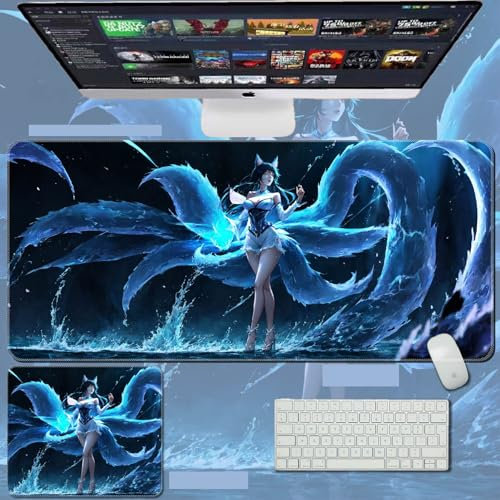 Gaming Sexy Ahri Tapis de souris surdimensionné, base en caoutchouc antidérapant, sous-main de bureau avec bords cousus (38)