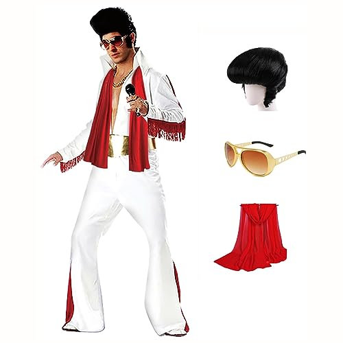 Luming Herren Halloween Kostüm Karneval Deluxe Kostüm 50er 70er Disco-Party 5-teiliges: Jumpsuit, Gürtel, Perücke, Sonnenbrille, Schal