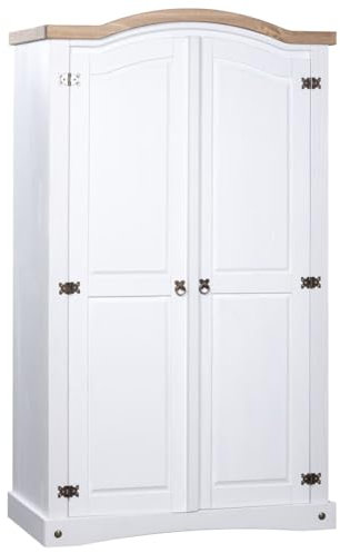 Willood Kleiderschrank Drehtürenschrank Garderobenschrank Schlafzimmerschrank Dielenschrank Holzschrank Mexiko-Stil Kiefernholz 2 Türen Weiß
