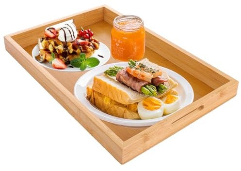 ASelected Bamboo Trays with Handles - Rectangular Platter for Food, Drinks, Breakfast, Lunch, Dinner - 1 Large Tray, 38 x 25 x 4 Cm, Log