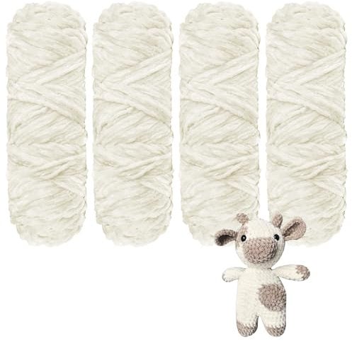 YINVA Chenille Wolle zum Häkeln 400g(4pcs×100g) Chenille Wolle Flauschige Wolle Velvet Weiche Plüschwolle Häkelwolle für Anfänger Dicke Wolle Zum Stricken-Milchweiß