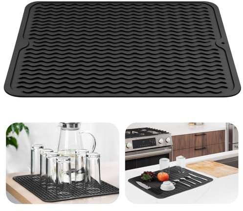 OSDUE Silicone Dish Drying Mats, 40x30CM Draining Board Mat Non Slip Heat Resistant Dish Draining Mat for Kitchen Easy Clean Draining Board Mat Table Mat Pot Holder Placemat Spoon Rest Coaster Black