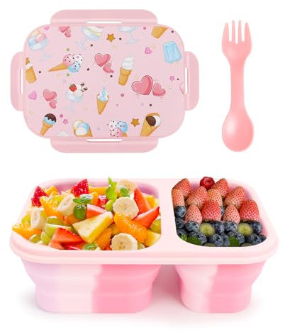 Huzbuz Faltbare Brotdose Kinder mit Fächern,BPA Frei Eiscreme-Muster Brotdose Kinder,1000ml Lunchbox Kinder eignen sich Hervorragend als Weihnachts- und Geburtstagsgeschenk für Kinder(Rosa Farbe)