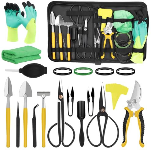 FOONNUN Bonsai Set, 25 Piezas Herramientas De Bonsái, Garden Tool Kit, Herramientas De Jardinería, Incluyen Tijeras De Bonsái, Pinzas, Hilo De Bonsái,Guantes De Jardinería, Mini Rastrillos Y Palas