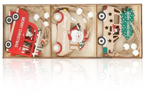 Thyonta 9 Pcs Wooden Christmas Tree Ornaments Eco-Friendly Decorative Pendants with Santa and Car Designs Intricate Hollow Car Patterns for Christmas Tree Decoration