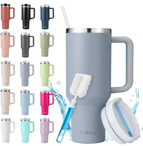 Bukaty Thermobecher mit Strohhalm 30oz/0.9L, Trinkbecher mit Deckel und Strohhalm, Edelstahl Vakuum Isolierbecher mit Henkel, Großer Kaffeebecher to go Autobecher für Heiße & Kalte Getränke, Hellgrau