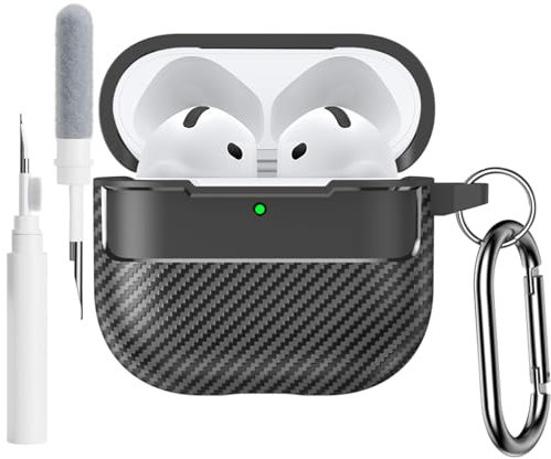 SEIAIYG Case Compatible with AirPods 4 2024, TPU Shockproof Case Cover, Carbon Fiber Texture with Keychain Cleaning Pen, Black