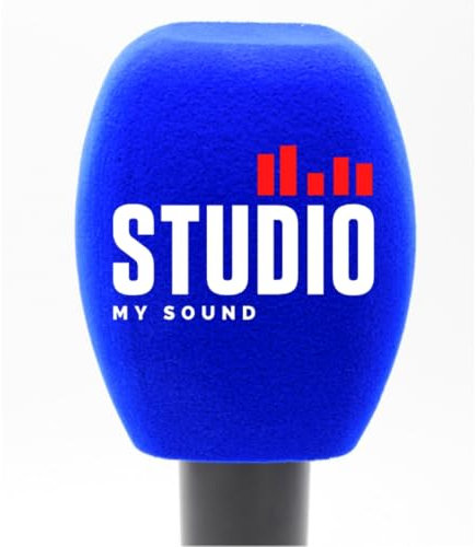 Lot de 2 pare-brises personnalisés en mousse pour microphone avec logo imprimé pour entretiens TV, diffusion, station de radio (bleu, carré)
