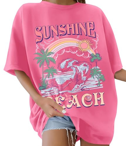 TOMEEK Damen T-Shirt Kurzarm Rundhals Oversized Tshirt Sommer Baumwolle Locker Basic T-Shirt Für Damen Vintage Strand Bedruckte Schulter Top Casual Frauen Shirt(Dunkelrosa,XXL)