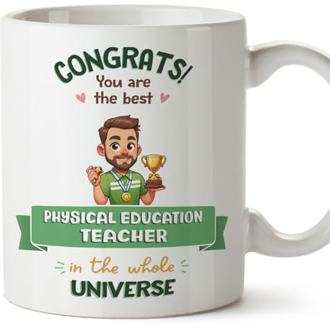 MUGFFINS Physical Education Teacher Man Mug - in English - Best in Universe Trophy - Funny Gift for Colleagues - Ceramic 11oz Mug