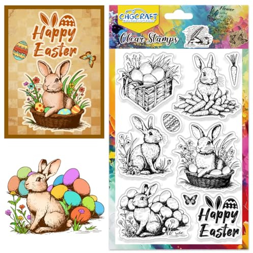CHGCRAFT Hapy Ostern Klare Stempel Vintage Realistische Hasen Transparente Stempel Ostereier Silikonstempel Siegel für DIY Scrapbooking Kartenherstellung Fotoalbum Postkartendekoration 16×11cm