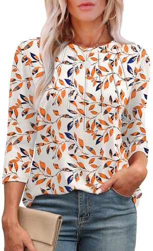 Aokosor Womens 3/4 Sleeve Tops Ladies Blouses Crew Neck Pleated Shirts Fashion Dressy Tunic Blouses Size 14-16 Orange Leaf
