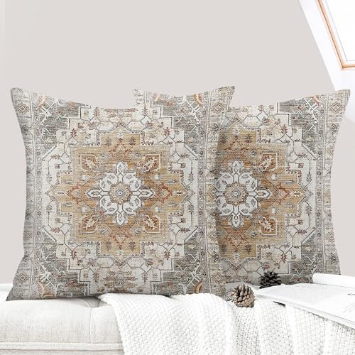 ECZOIL 2er Set Boho Kissenbezüge 50x50 cm,Böhmische Blumen Dekorative Kissenhülle Flachs 20x20 Inch Doppelseitiger Druck Dekorative Kissenbezug für Wohnzimmer Sofa Schlafzimmer-Braun