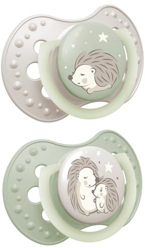 LOVI Silikon Schnuller dynamisch 2 Stück Night&Day Hedgehog Leuchtend, Schützt den Saugreflex, Stillen sicher, Biss und Sprechen sicher, Antiallergisch (0-6m)