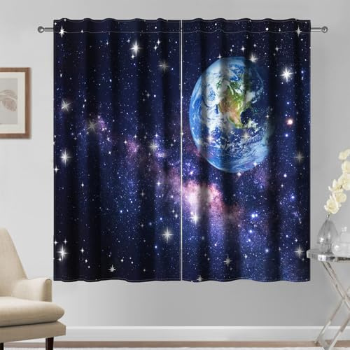 Kzzfqxb 107×215cm Sternenhimmel Gardinen Set aus 2 Paneelen, ERD Sonnensystem Asteroiden Galaxie Traumhafte Sternenhimmel Fenstergardinen für Kinder, Schlafzimmer Wohnzimmer Drape Gardinen