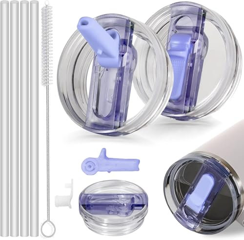Pack of 2 Stanley Cup Lids, Leak-Proof, Lid for Stanley Cup 40 oz/100 g, Leak-Proof Replacement Lid with 4 Straws and 1 Straw Brush, Replacement Lid for Stanley Cup Accessories, Reusable