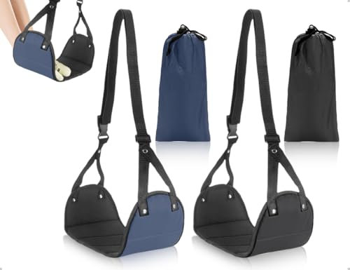 Emezddo Reposapiés de avión de 2 piezas,reposacabezas portátil de espuma,reposapiés de altura ajustable con funda antipolvo,gadgets de avión,ideal para viajes,oficina y camping(negro y azul marino)