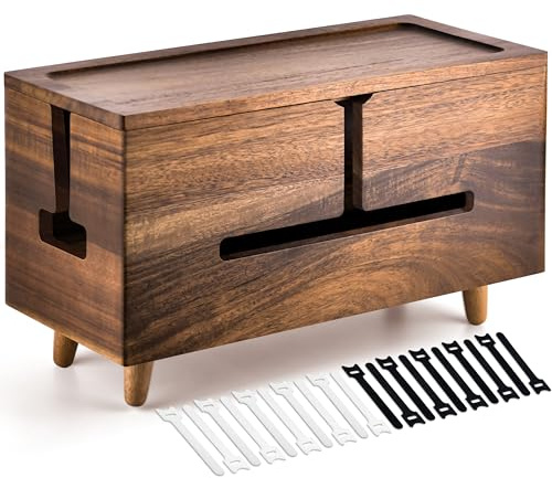 Large Cable Management Box - Organizer for Electrical Cords and Power Strips - Conceal Desk and Floor Cables - Storage Solution for Cord Hider and Organization (Brown Wood)